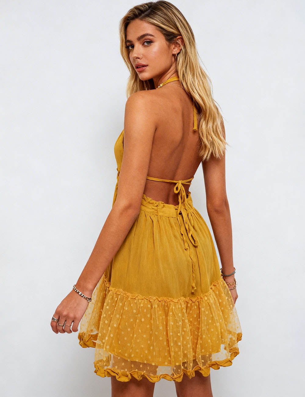 Ladies Solid Color V-Neck Mesh Dot Halter String Shoulder Mini Dress