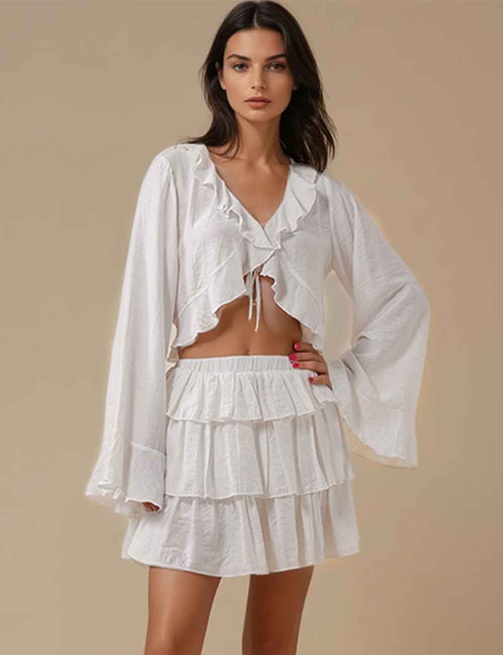 Ladies V-Neck Long Sleeves Ruffle Top & Skirt Set