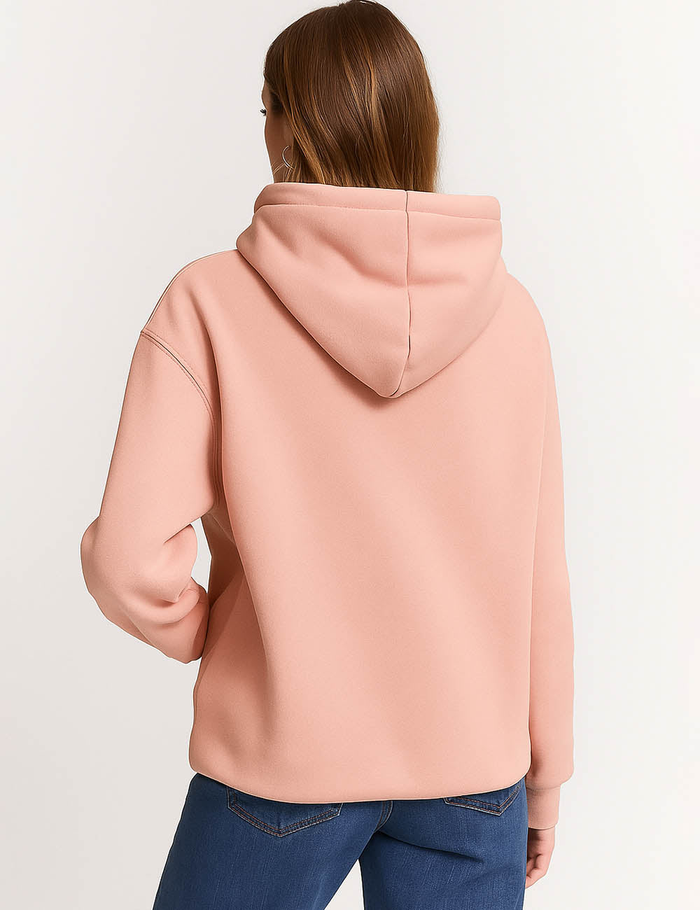 Ladies Solid Color Kangaroo Pockets Hooded Sweatshirt