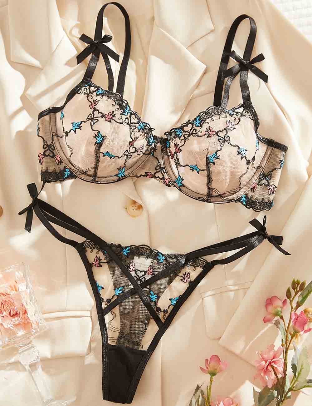 Ladies Sexy Sheer Embroidery Cross Strap Bow Lingerie Set