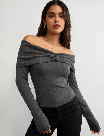 Ladies Off-Shoulder Ruched Front Long Sleeves Top