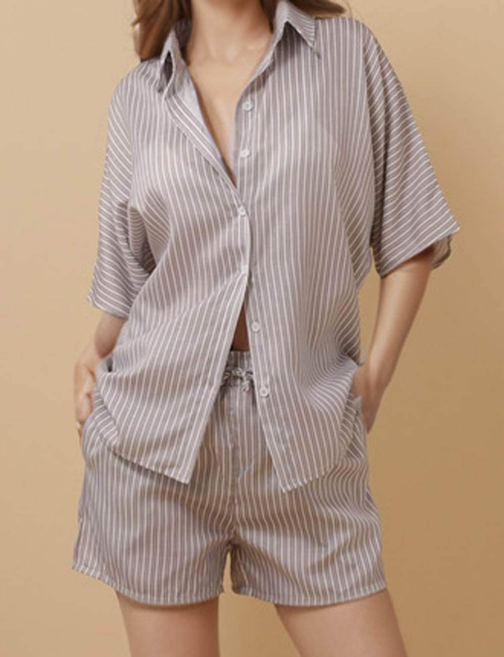 Ladies Striped Button Down Half Sleeves Top & Shorts Set 8SKST51340