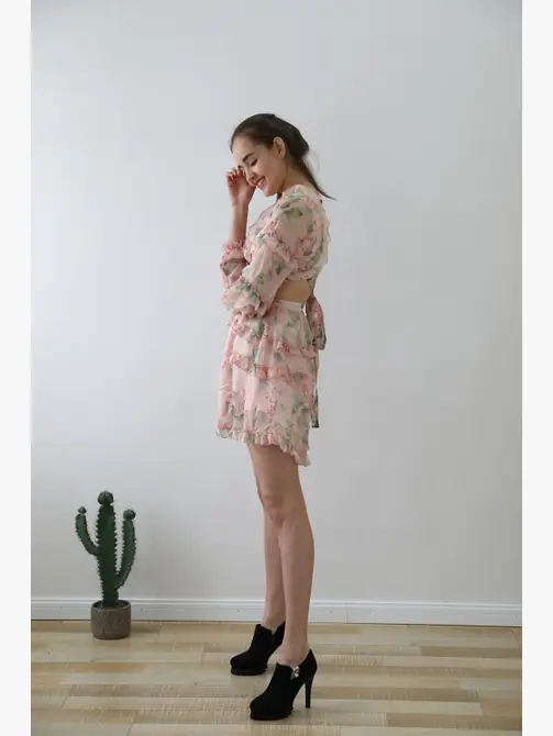 Flroal Print Short Sleeve Chiffon Dress FK0523