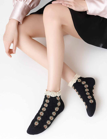 Ladies Floral Embroidery Ruffled Trim Knit Ankle Socks