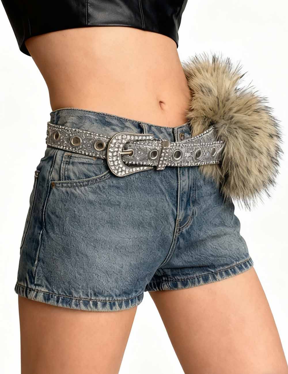Ladies Fluffy Plush Rhinestone Cincher Faux Fur Waist Belt