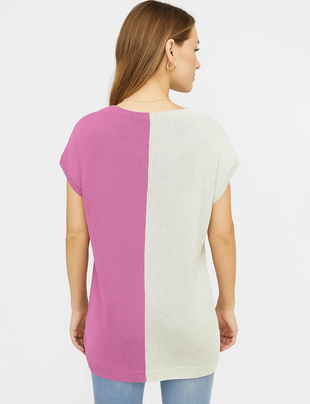 Ladies Color Block V-Neck Pullover Short  Sleeves Knit Top