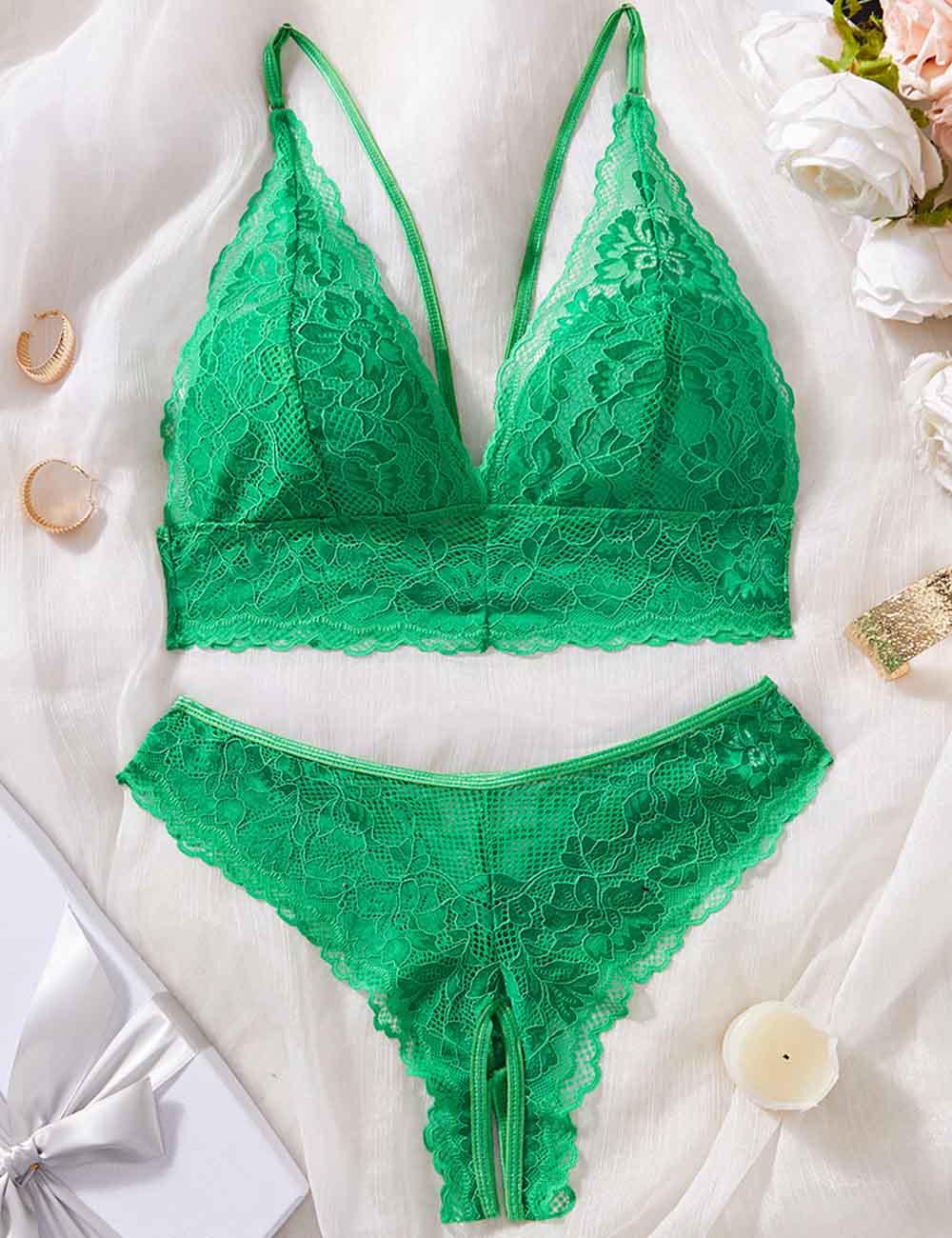 Ladies Sexy Lace Triangle Cup Open Crotch Thong Lingerie Set