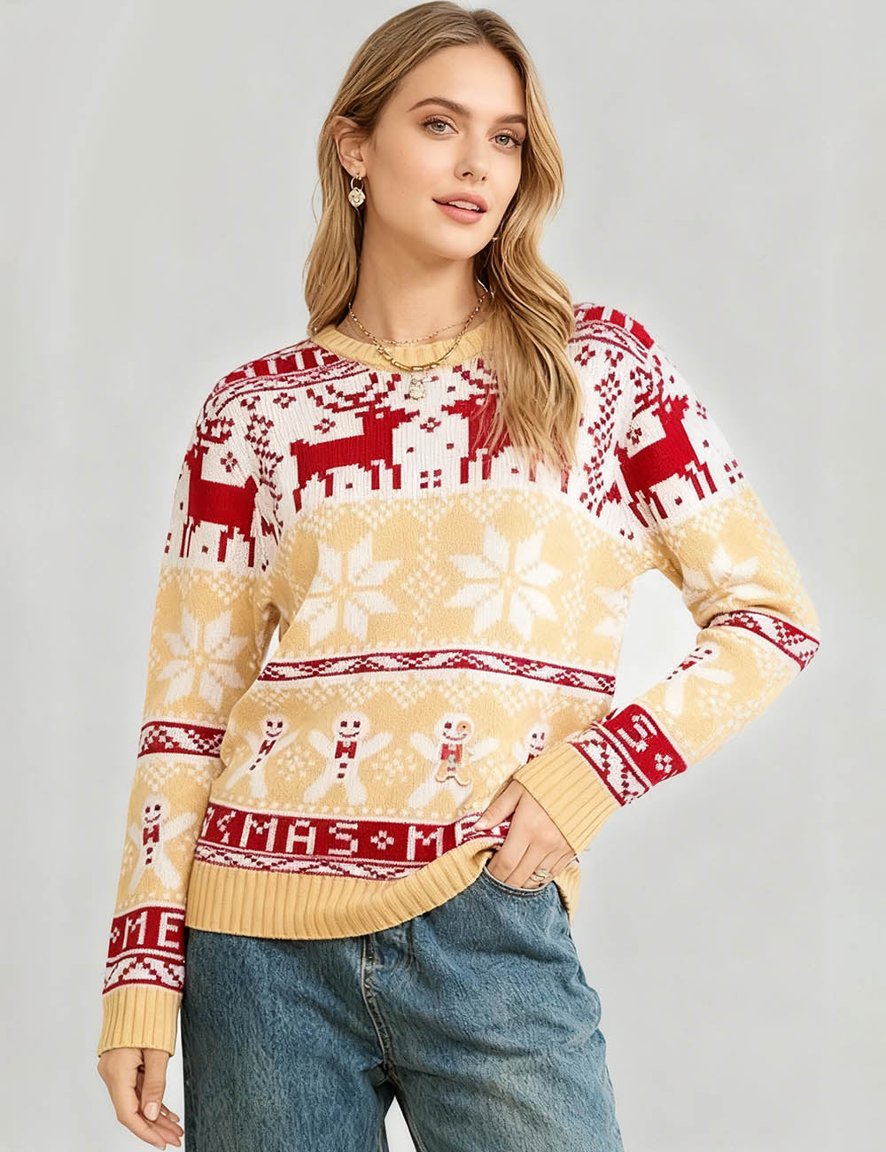 Ladies Christmas Fair Isle Reindeer Snowflake Knit Sweater