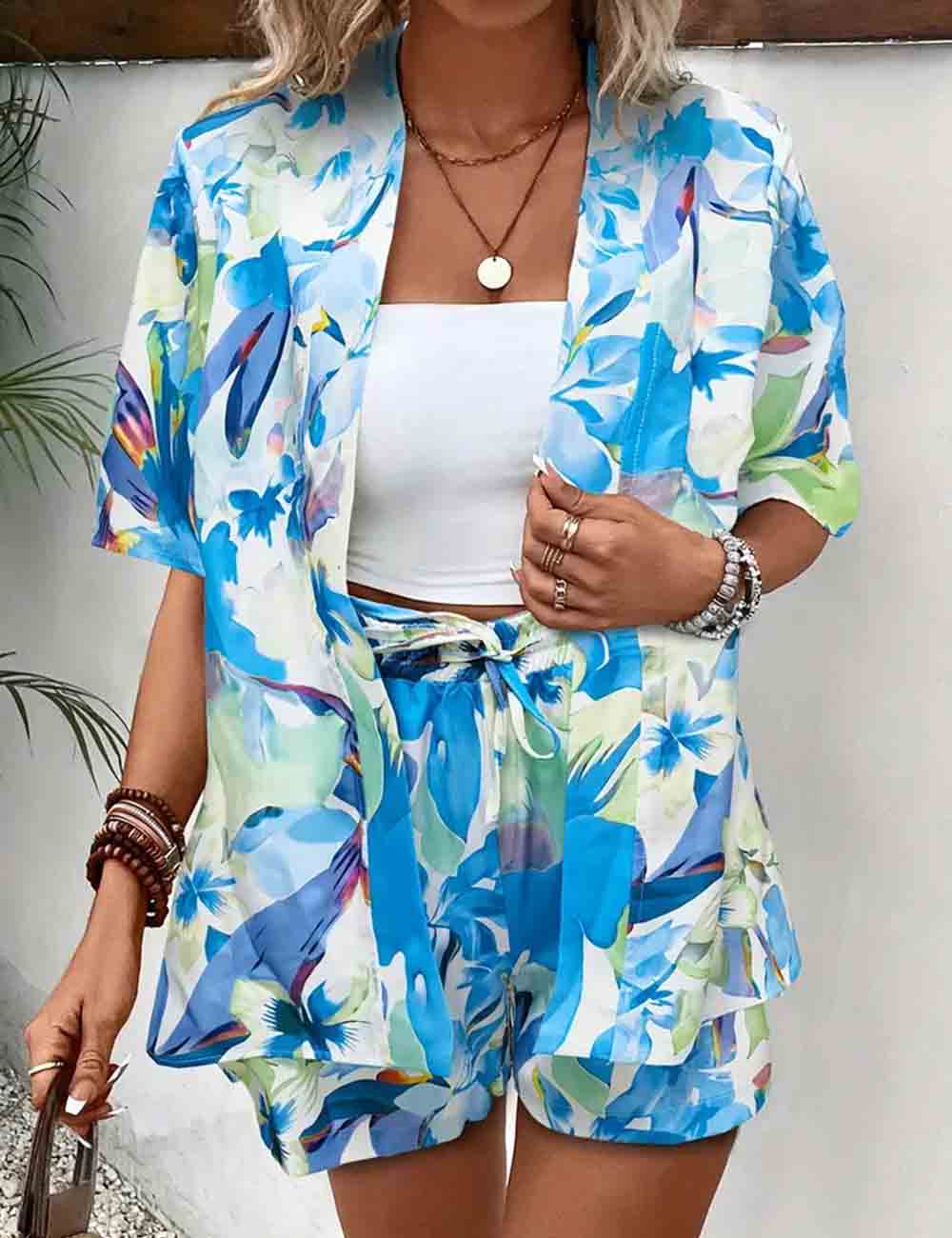 Ladies Boho 2PCS Short Sleeves Kimono Top & Shorts Set