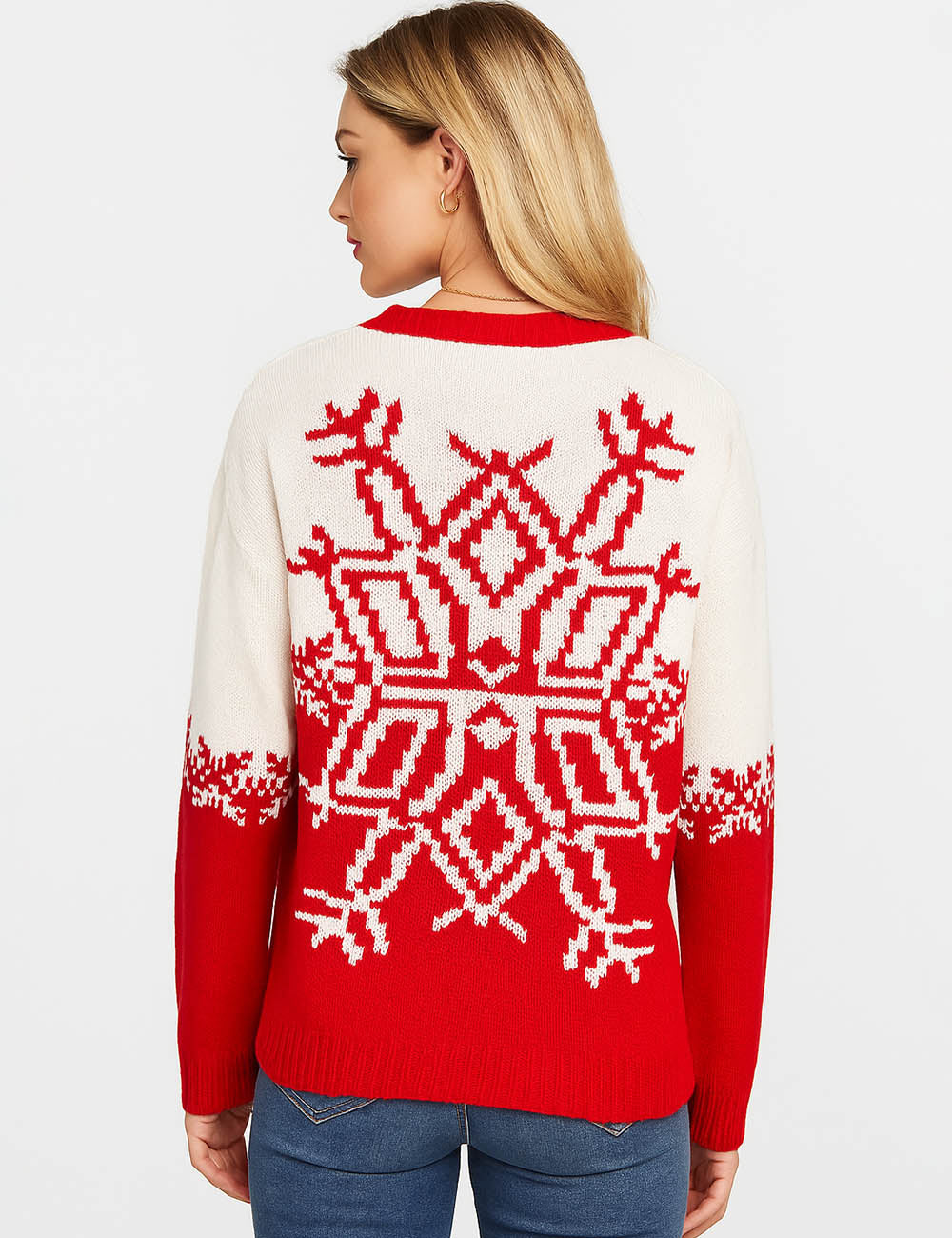 Ladies Snowflake Color Block Pullover Round Neck Sweater