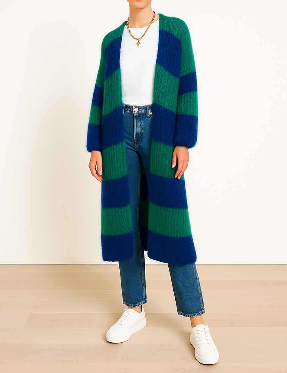 Ladies Striped Color Block Front Open Lantern Sleeves Knit Cardigan