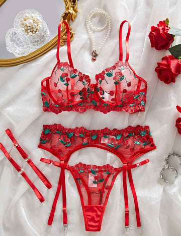 Ladies Sexy Cherry Embroidery Garter Belet 5PCS Lingerie Set