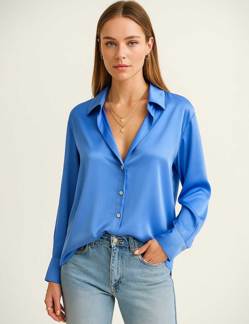 Ladies Stain Solid Color Turndown Collar Long Sleeves Shirt