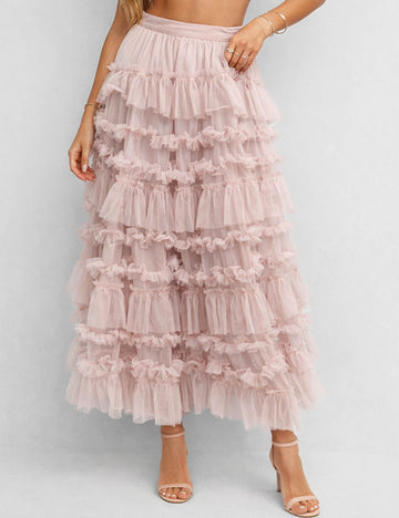 Ladies Elastic Waist Mesh Bead Tiered Ruffle Maxi Skirt