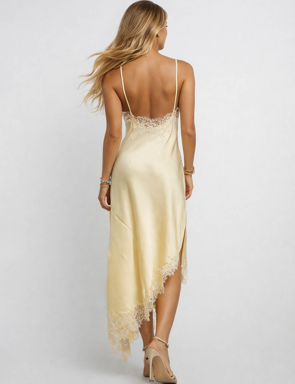 Ladies Satin Lace Trim Halter Neck Irregular Hem Maxi Dress