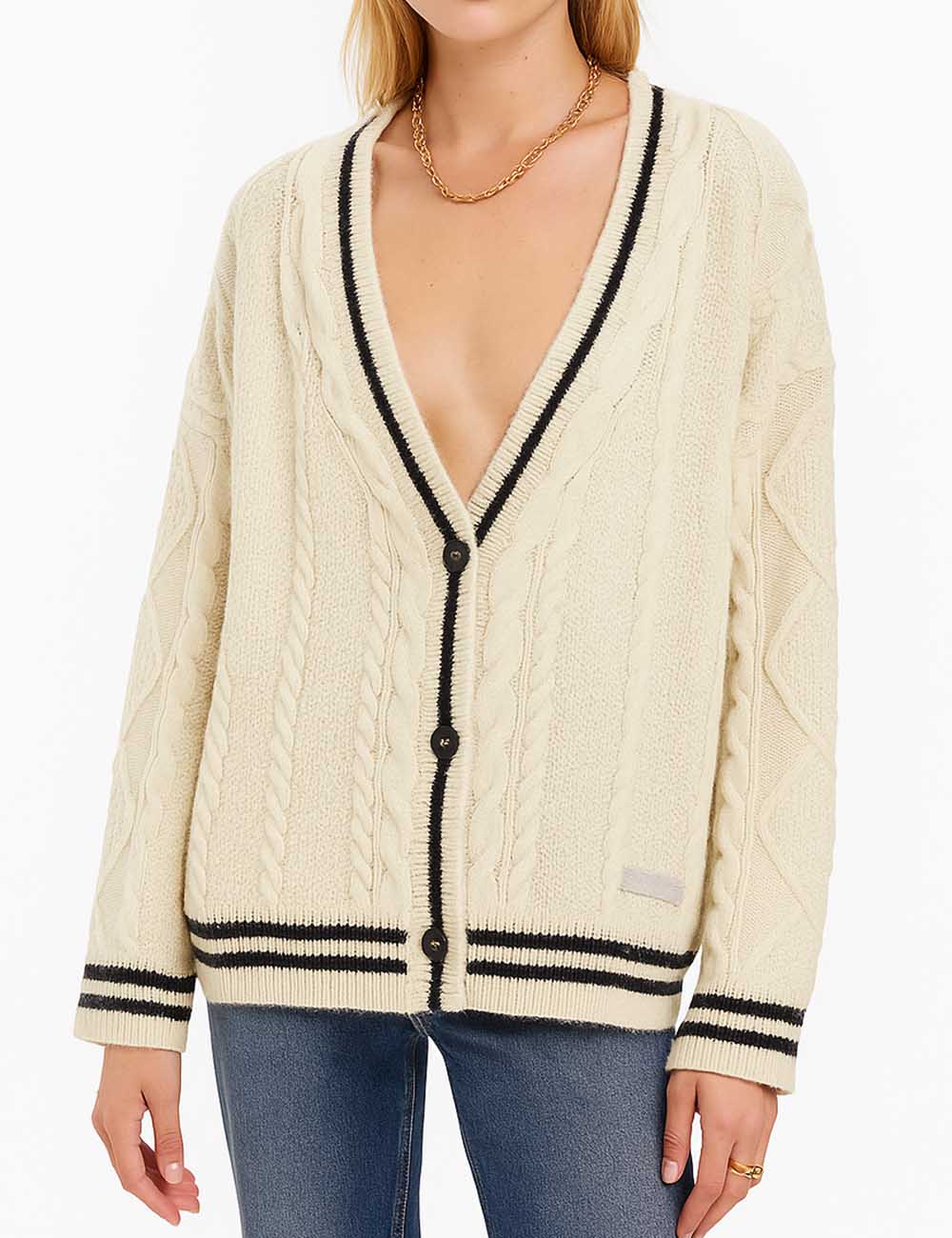 Ladies V-Neck Button Closure Star Embroidery Chunky Sweater Cardigan