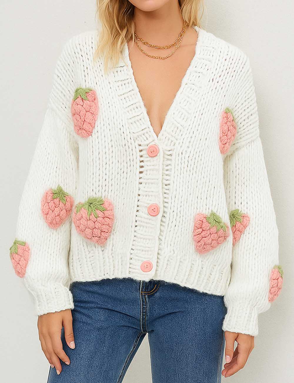 Ladies V-Neck Strawberry Pattern Long Sleeves Chunky Cardigan