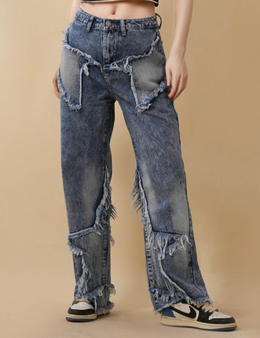 Ladies Distressed Jeans Patchwork Pentagram Wide Leg Denim Pants