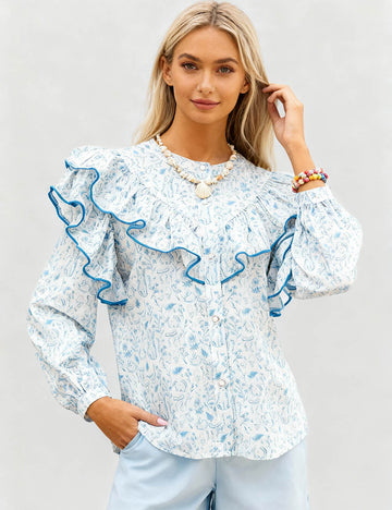 Ladies Floral Print Ruffle Puff Sleeves Blouse Top