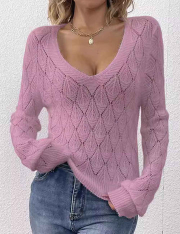 Ladies Solid Color V-Neck Long Sleeves Knit Sweater