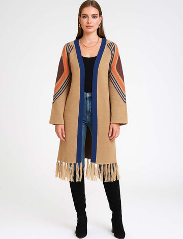 Ladies Multi Color Open Front Long Sleeves Tassel Cardigan