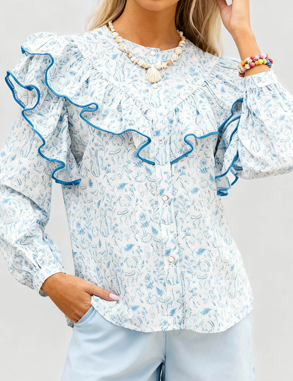 Ladies Floral Print Ruffle Puff Sleeves Blouse Top
