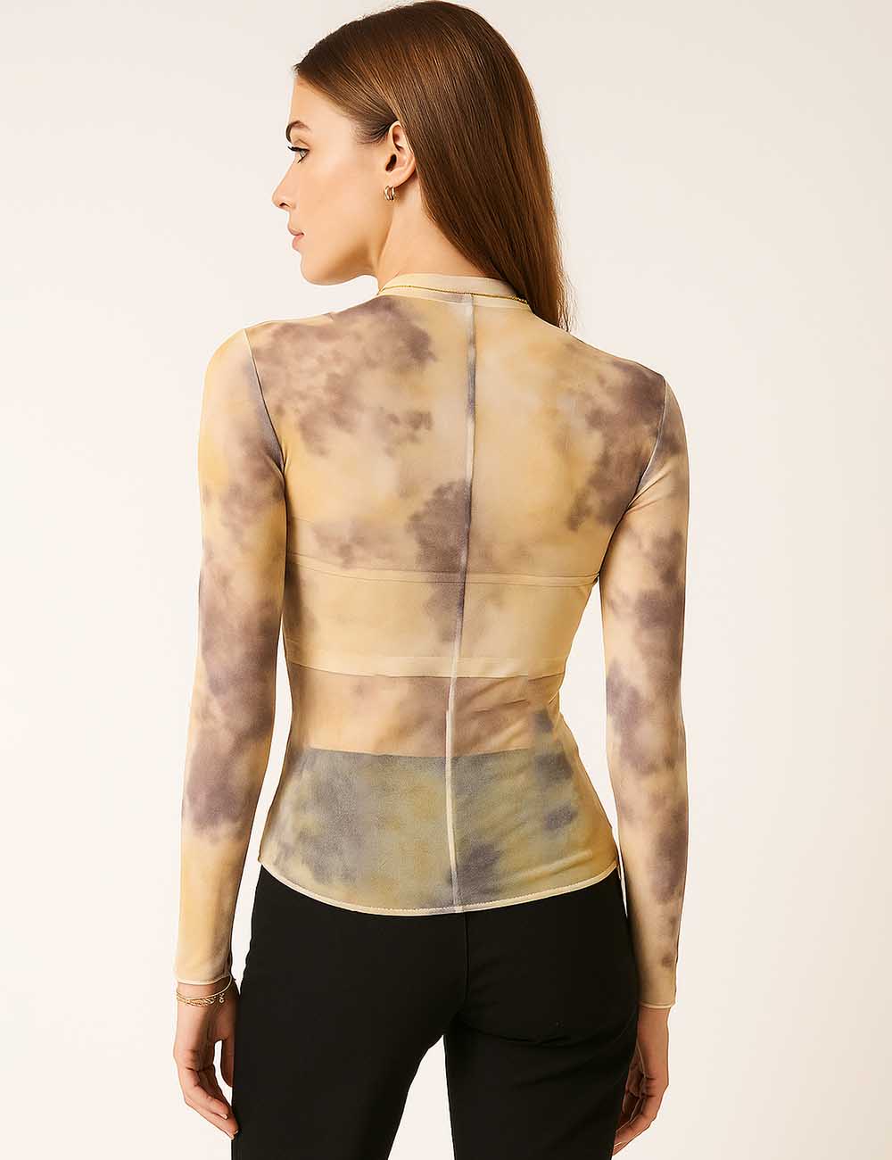 Women Color Block Blouse See Sheer Clould Print Layering Top