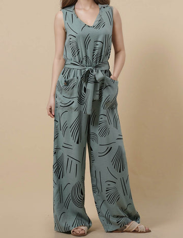 Ladies String Tie Color Block Pocket Wide Leg Jumpsuit SKJ851147