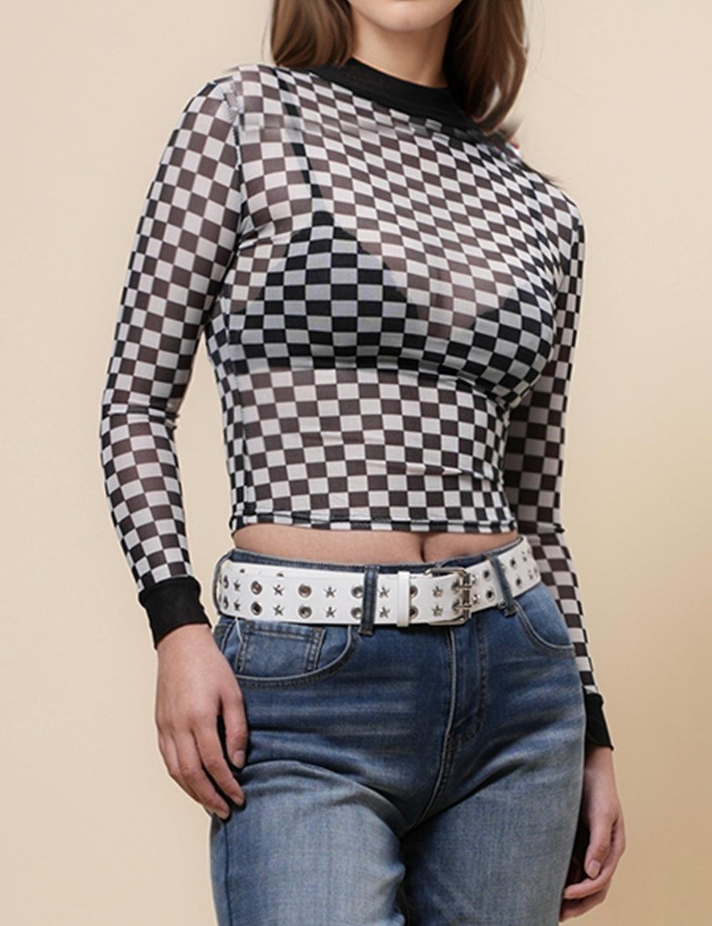 Ladies Color Block Mesh Blouse Grid Print See Sheer Layring Top SKT4938
