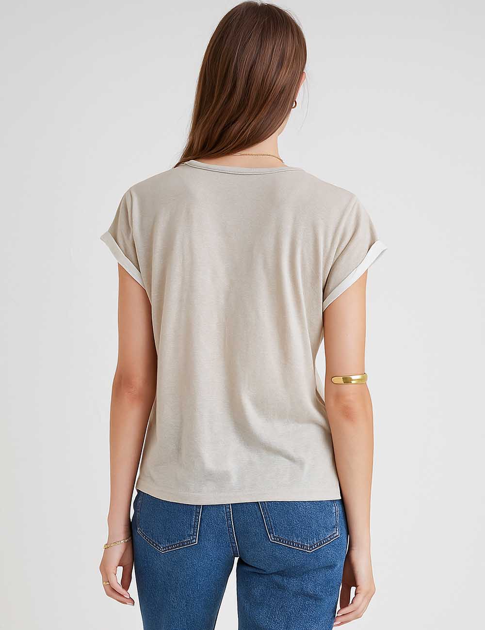 Ladies Pullover Color Block Short Sleeves Faux 2PC Tee