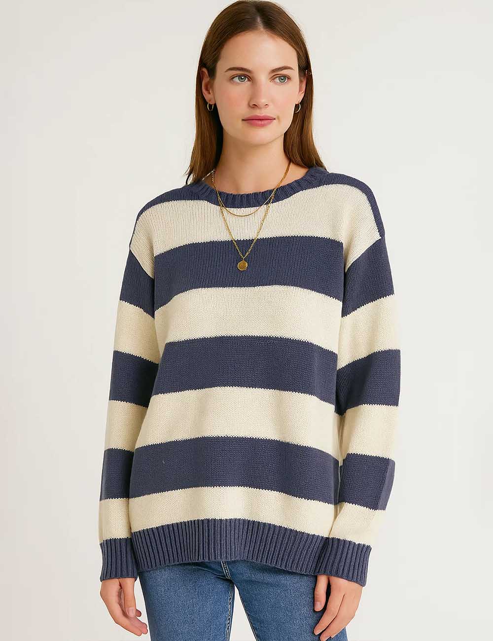Ladies Striped Color Block Round Neck Knit Sweater