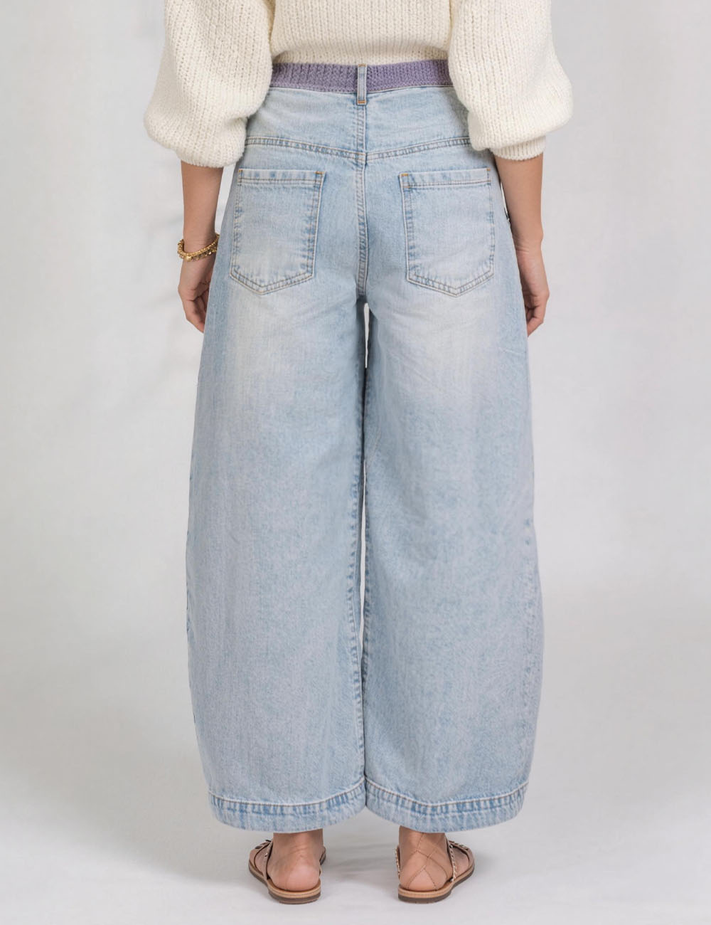 Ladies Color Block Drawstring Waist Barrel Leg Denim Pants