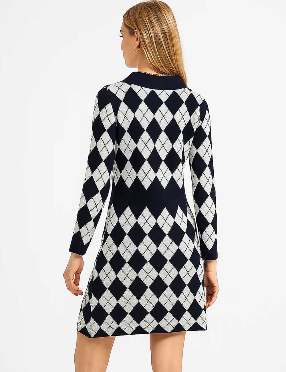 Ladies Color Block Argyle Pattern Knit Midi Dress