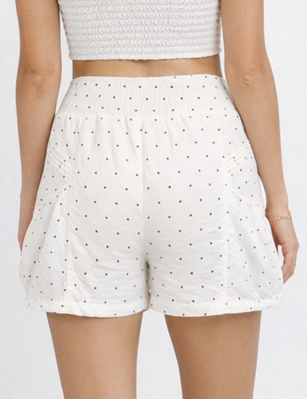 Ladies Polka Dot Elastic Waist Pleated Gathered Bubble Shorts