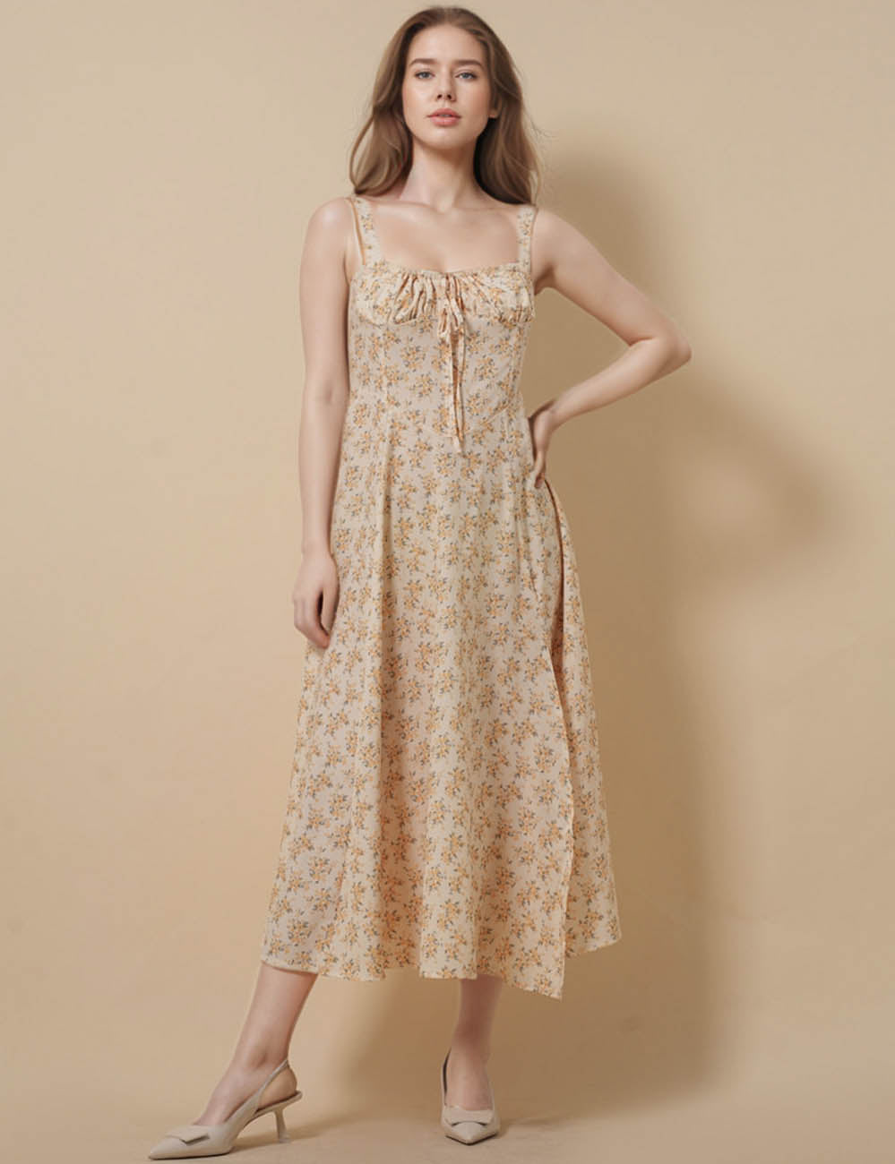 Ladies Strape Shoulder Floral Print Midi Dress SKD50243