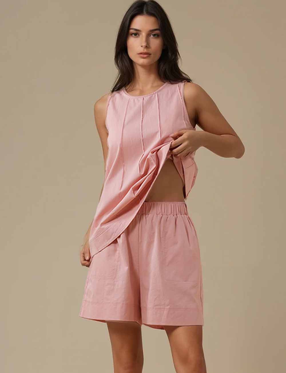 Ladies Solid Color Round Neck Pleated Tank Top & Shorts Set