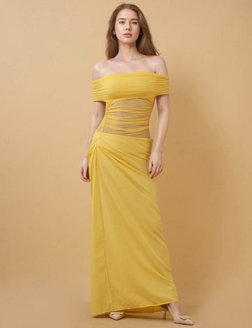 Ladies Mesh Splice Slim Off-Shoulder Maxi Dress 8SKD51328