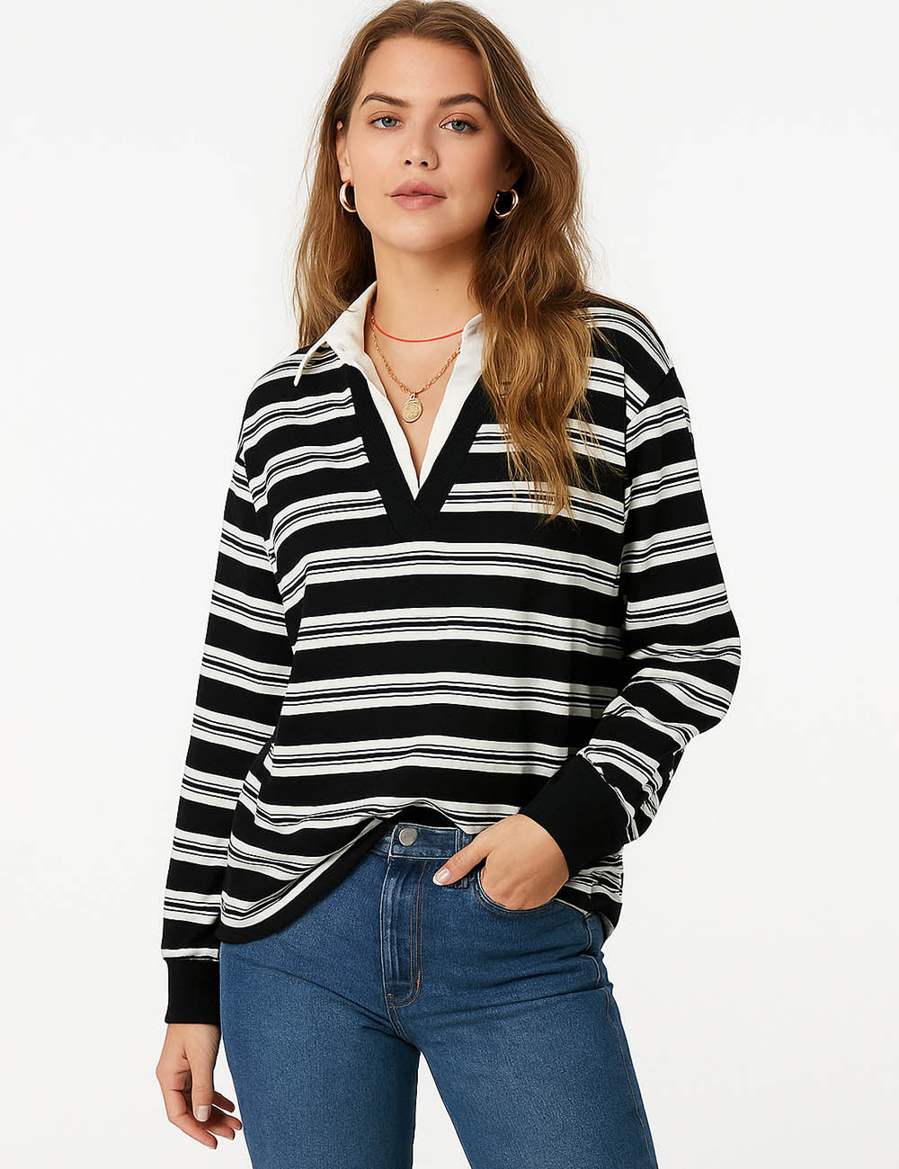 Ladies Striped Shirt Collar Long Sleeves Fake 2PCS Sweatshirt