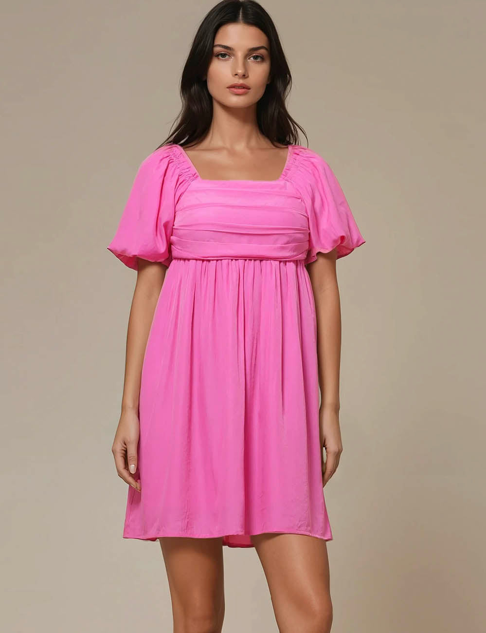 Ladies Solid Color Bubble Sleeves Mini Dress SKD50284