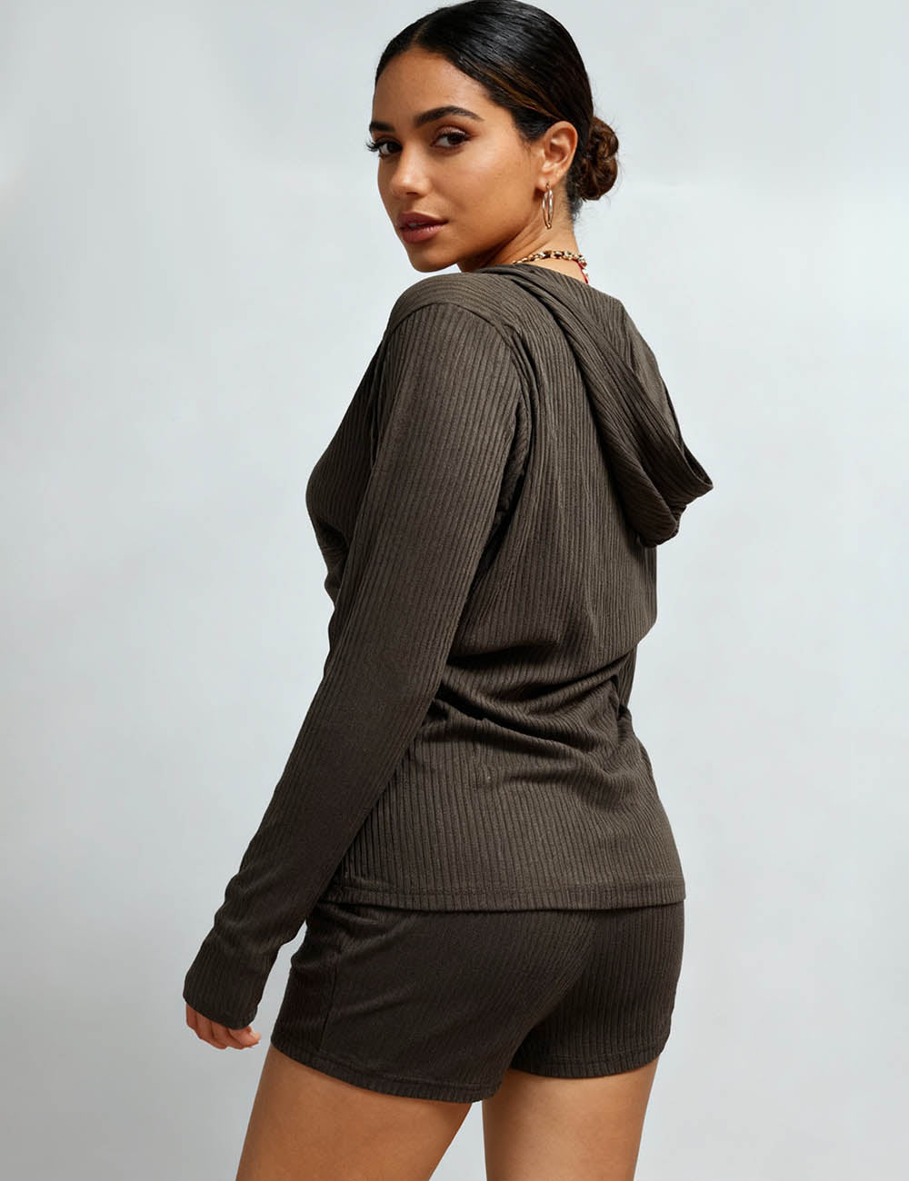 Ladies Ribbed Knit Hooded Button Front Top & Shorts Set