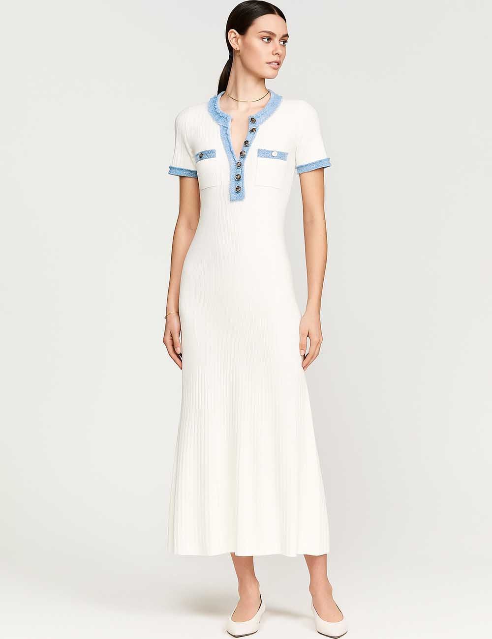Ladies Color Block V-Neck Short Sleeves Knit Midi Dress