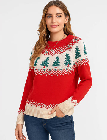 Ladies Christmas Tree Pattern Pullover Holiday Sweater