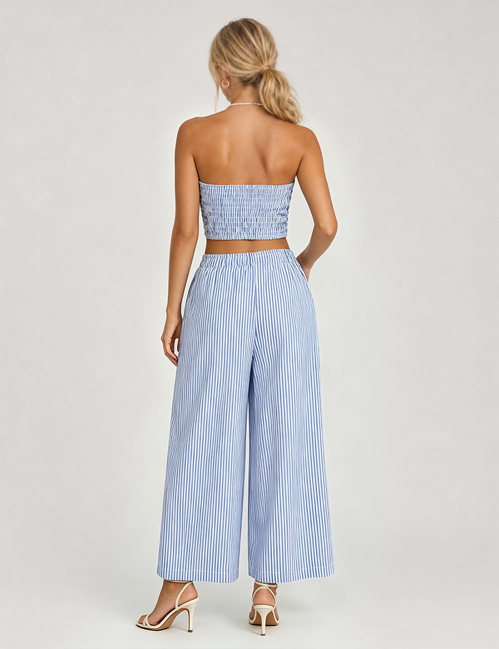 Ladies Chic Metal Starfish Striped Tube Top & Wide Leg Pants Set