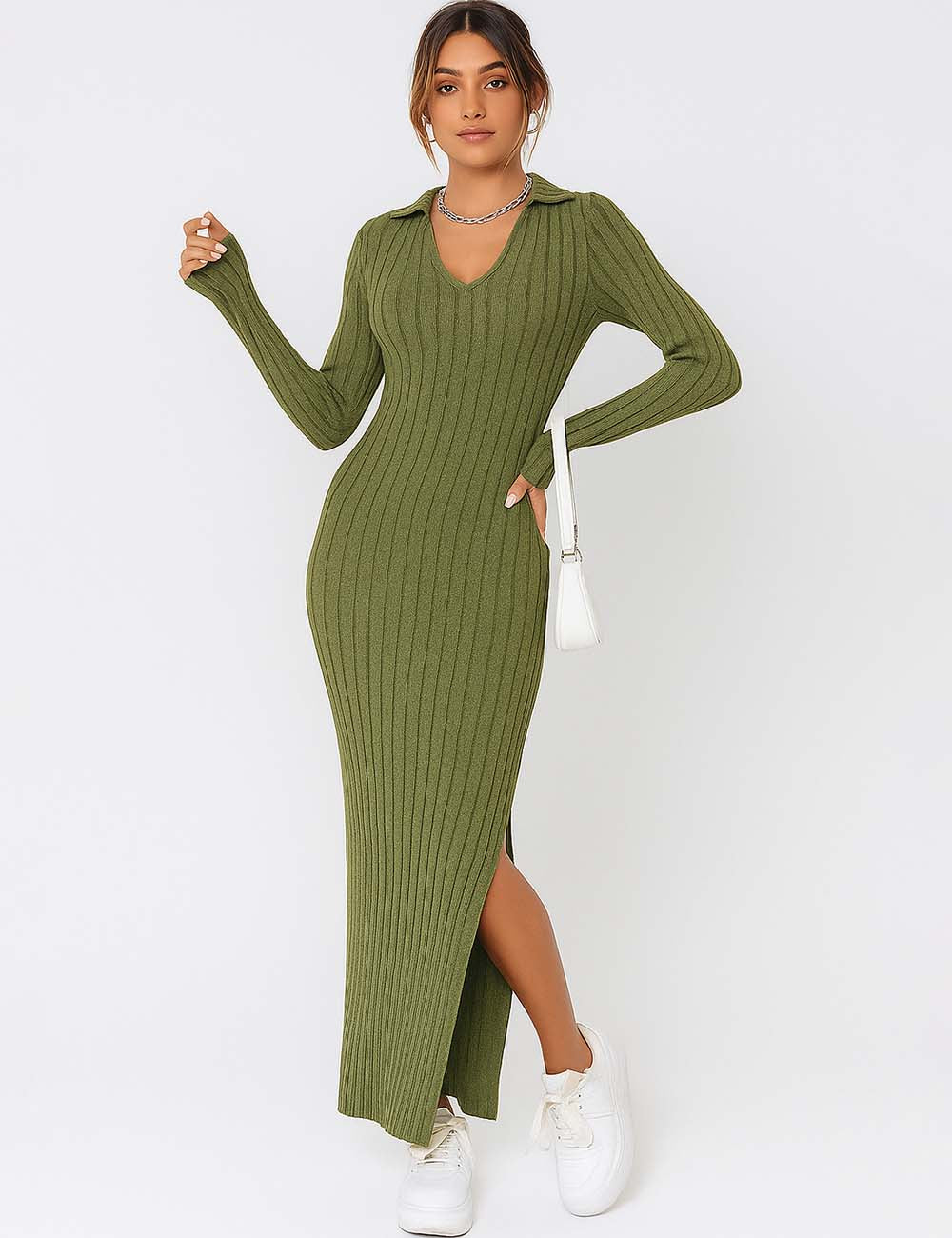 Ladies Solid Color V-Neck Side Split Knit Sweater Dress