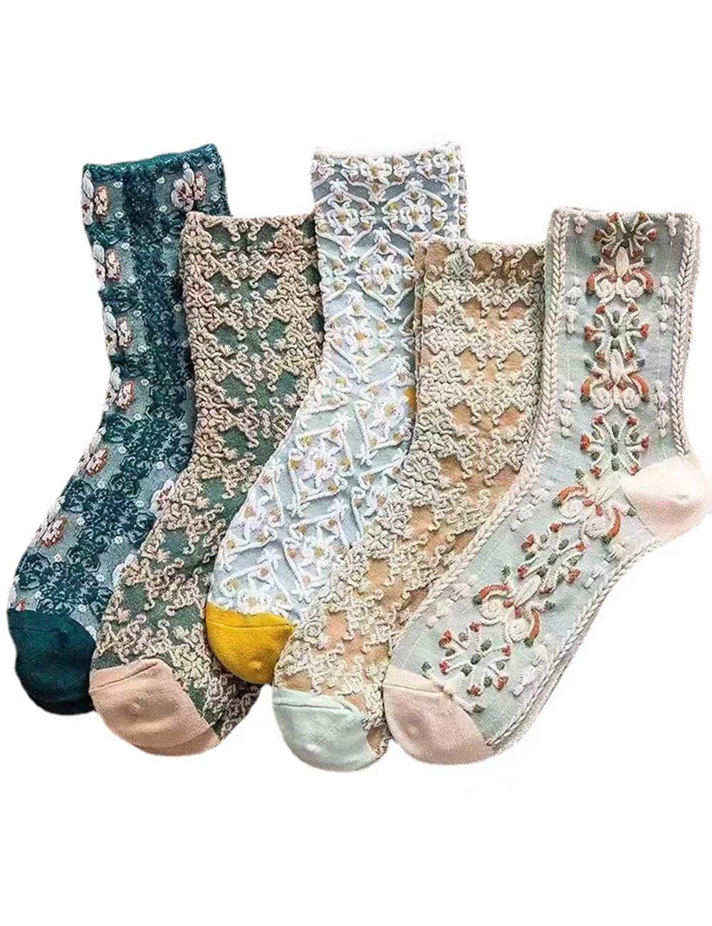 Ladies Vintage Floral Jacquard Mid Calf Socks