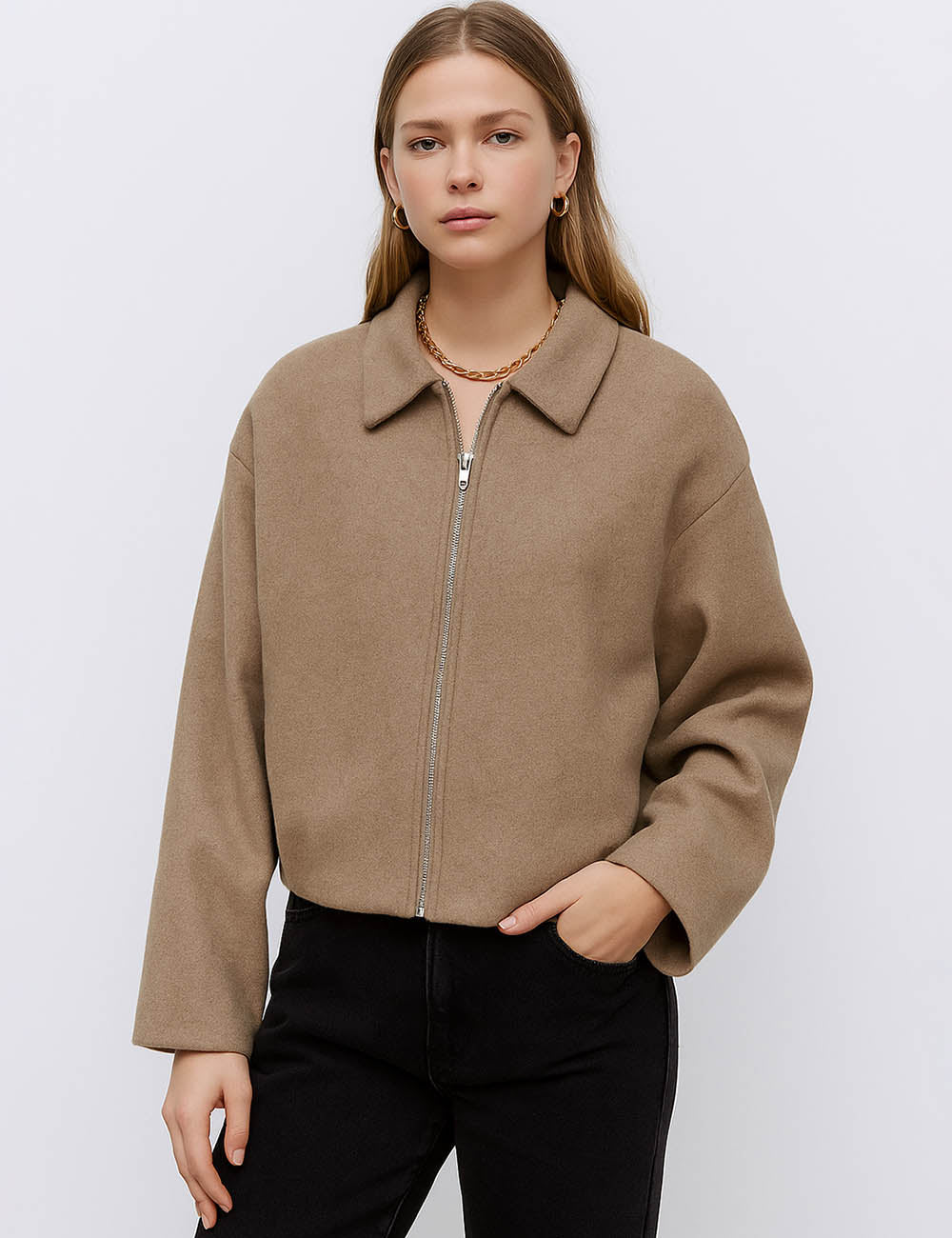 Ladies Wool Blend Coat Solid Color Zipper Collar Jacket