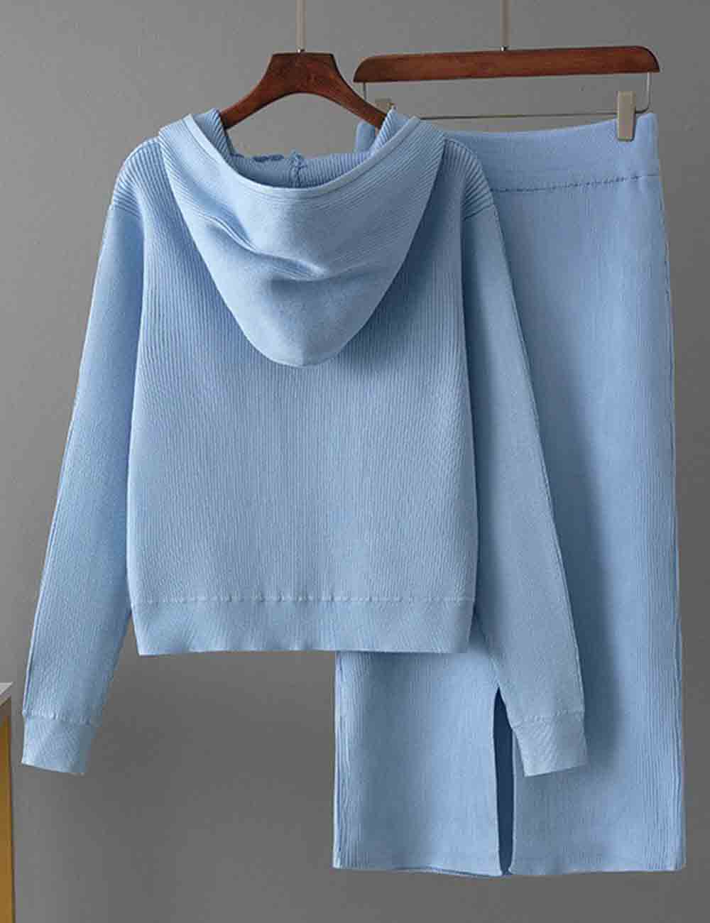 Ladies Hoodie Front Zipper Rhinestone Knit Sweatshirt & Skirt Set