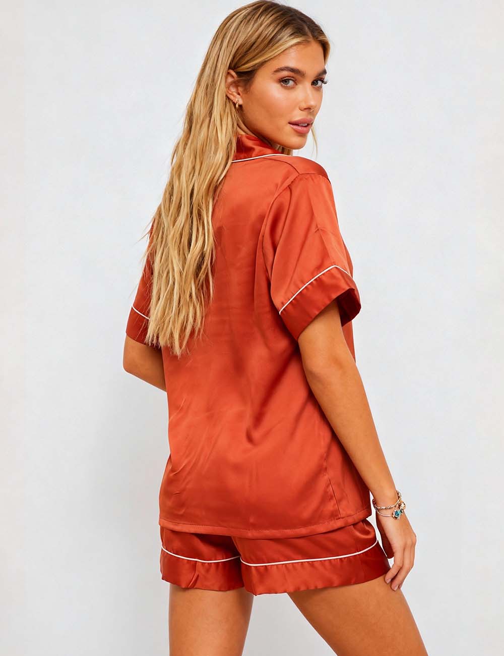 Ladies Satin Button Short Sleeves Top & Shorts Loungewear Set