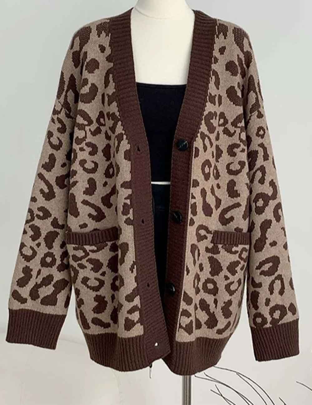 Ladies Leopard V-Neck Long Sleeves Ribbed Knit Sweater Cardigan