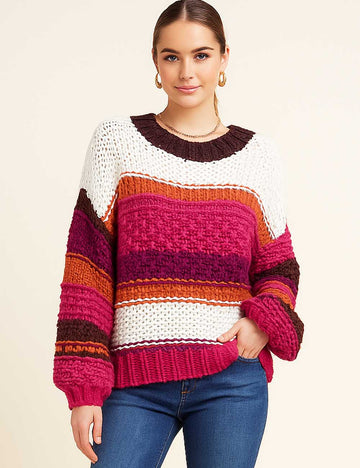 Ladies Multi Color Striped Balloon Sleeves Chunky Knit Sweater